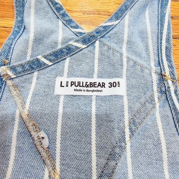 Pull & Bear Size L Denim Dress Overalls with Railroad Stripe Raw Hem Pockets - Picture 4 of 7